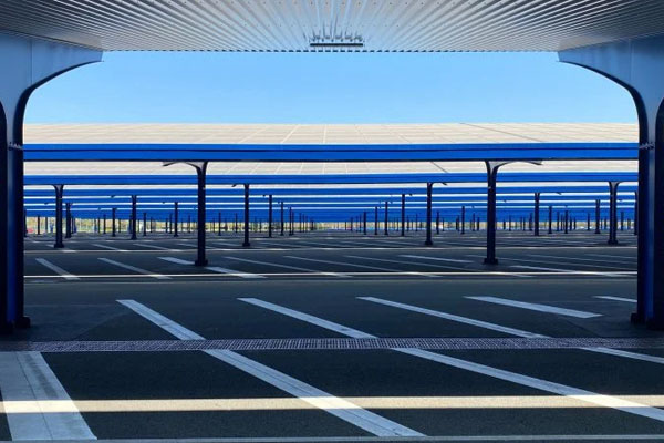 Solar powered parking lot at Le Bourche International Airport in Paris, France